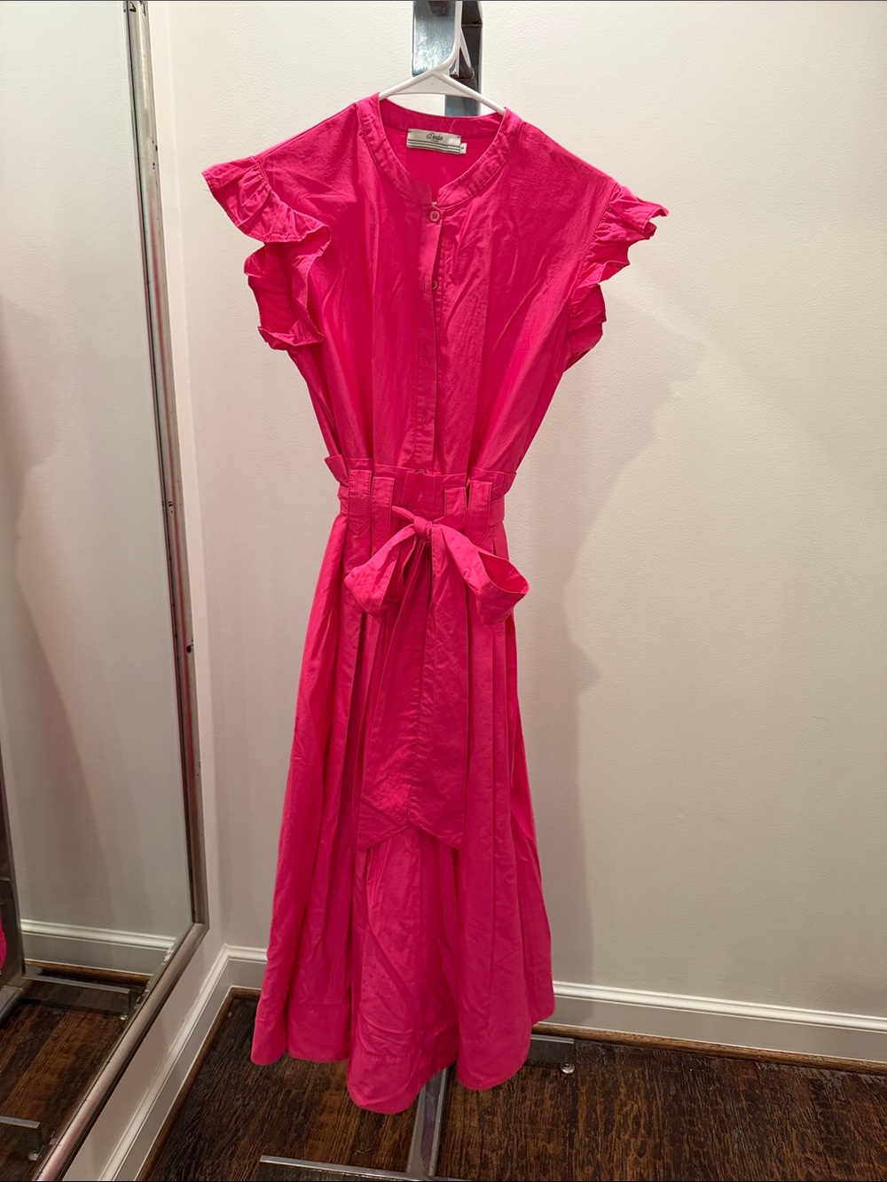 Bright Pink Ruffle Sleeve Tie-Waist Dress